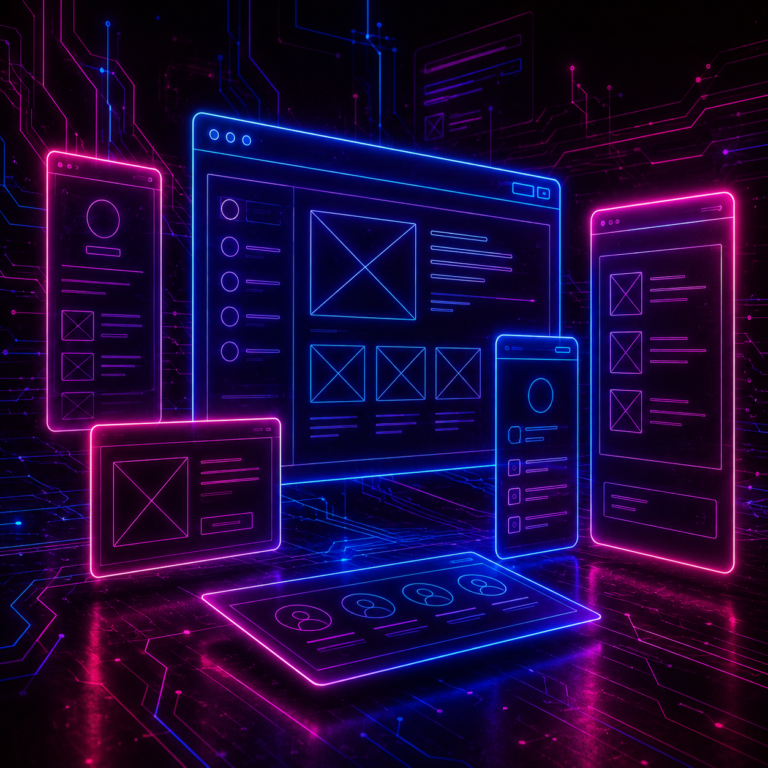 Neon cyberpunk illustration of the best wireframing tools for product managers floating as glowing UI frames