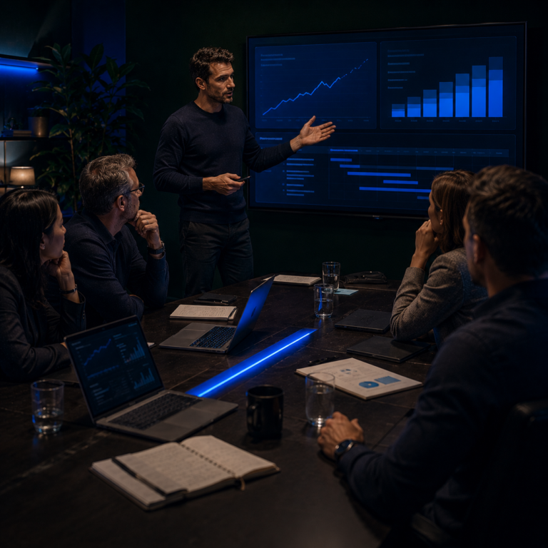 Product manager presenting a product investment business case with financial projections to company leadership