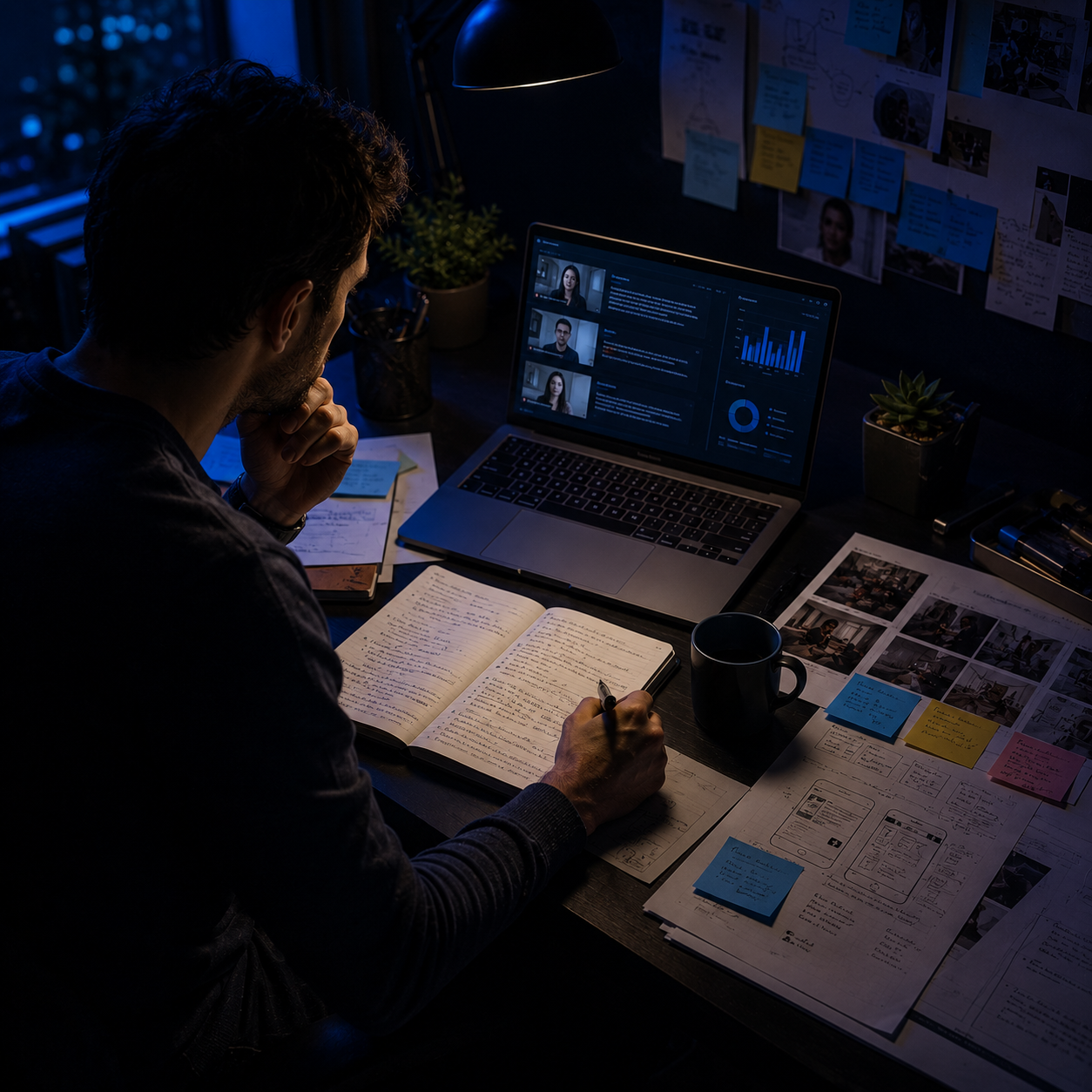 Solo product manager reviewing user interview notes and research findings to inform product decisions