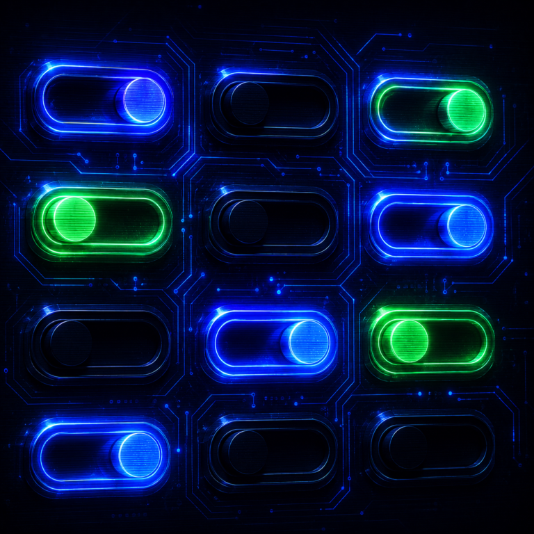 Feature flagging illustrated as neon glowing toggle switches in cyberpunk digital environment