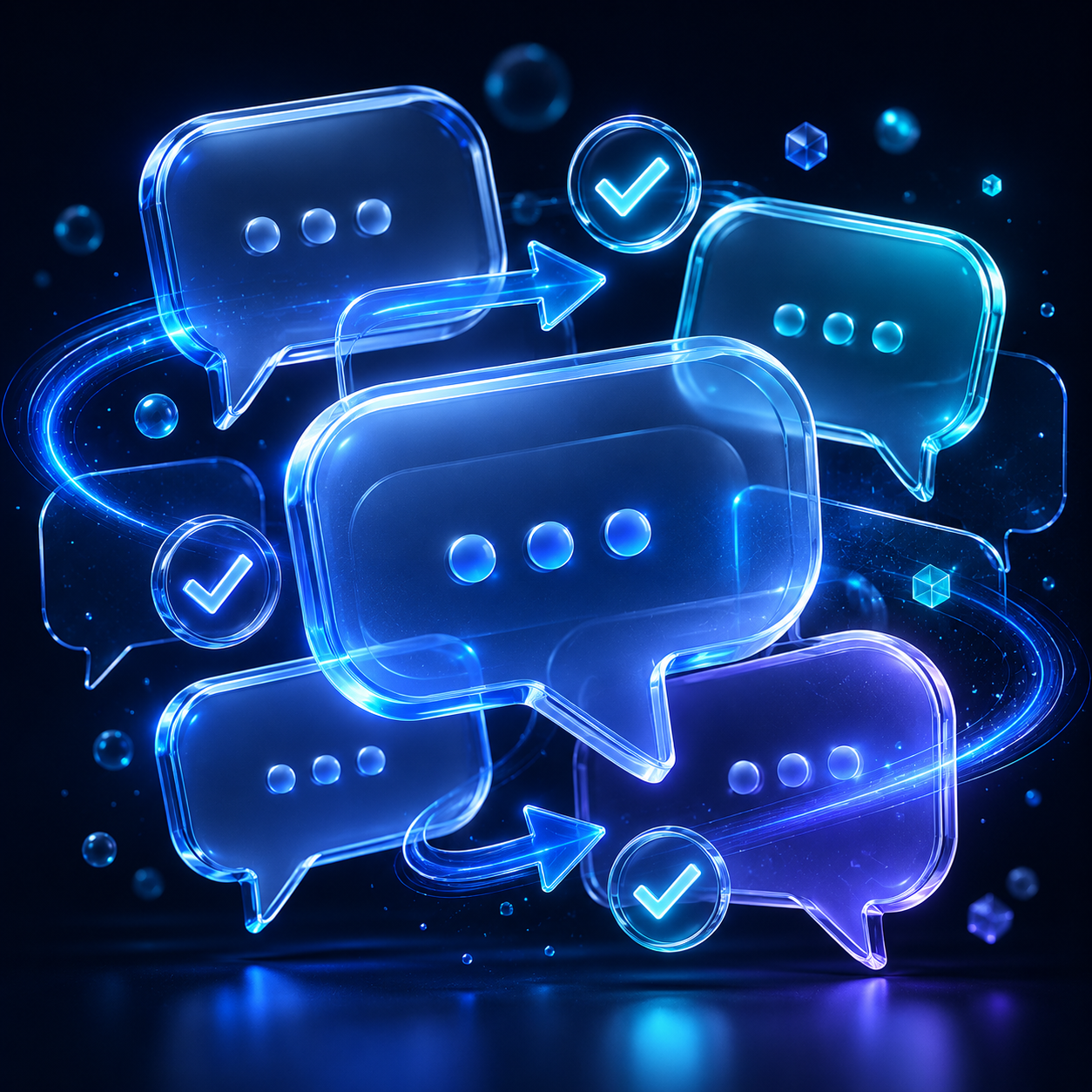 Product feedback illustrated as glowing glassmorphism speech bubbles on dark background