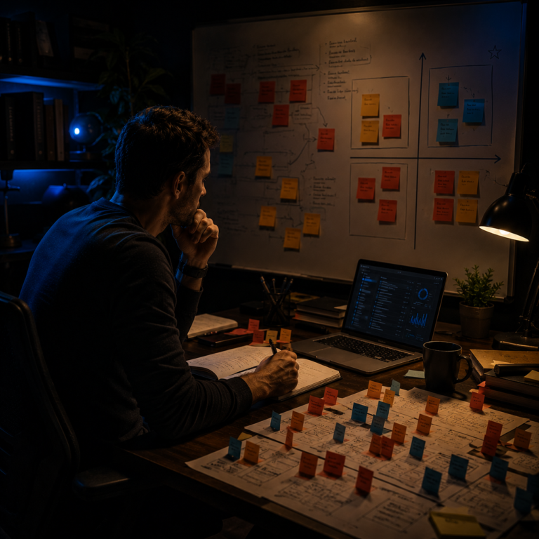 Product manager working through a prioritization framework with competing stakeholder requests visible on a whiteboard