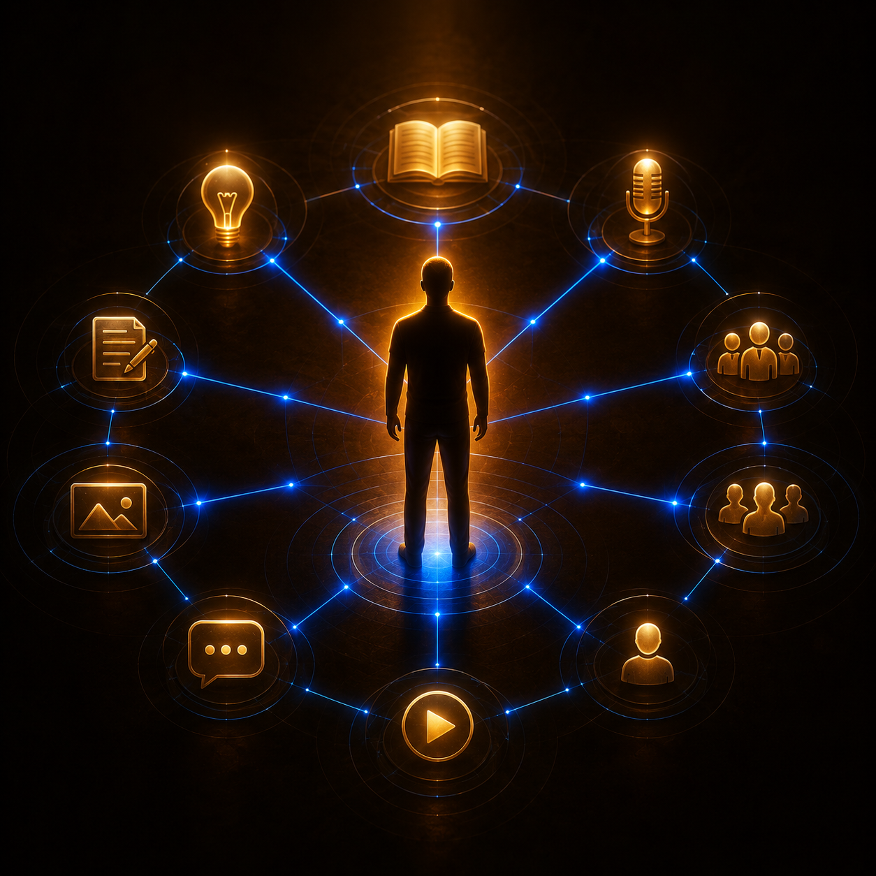 Cinematic editorial illustration of a product manager building a personal brand through content and community