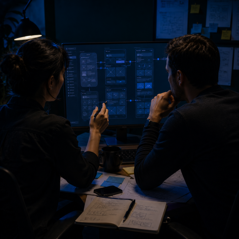 Product manager and designer collaborating on wireframes during a product design review session