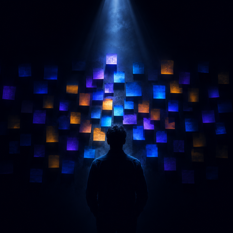 Prioritization workshop shown as spotlight on sticky notes wall in dark cinematic setting