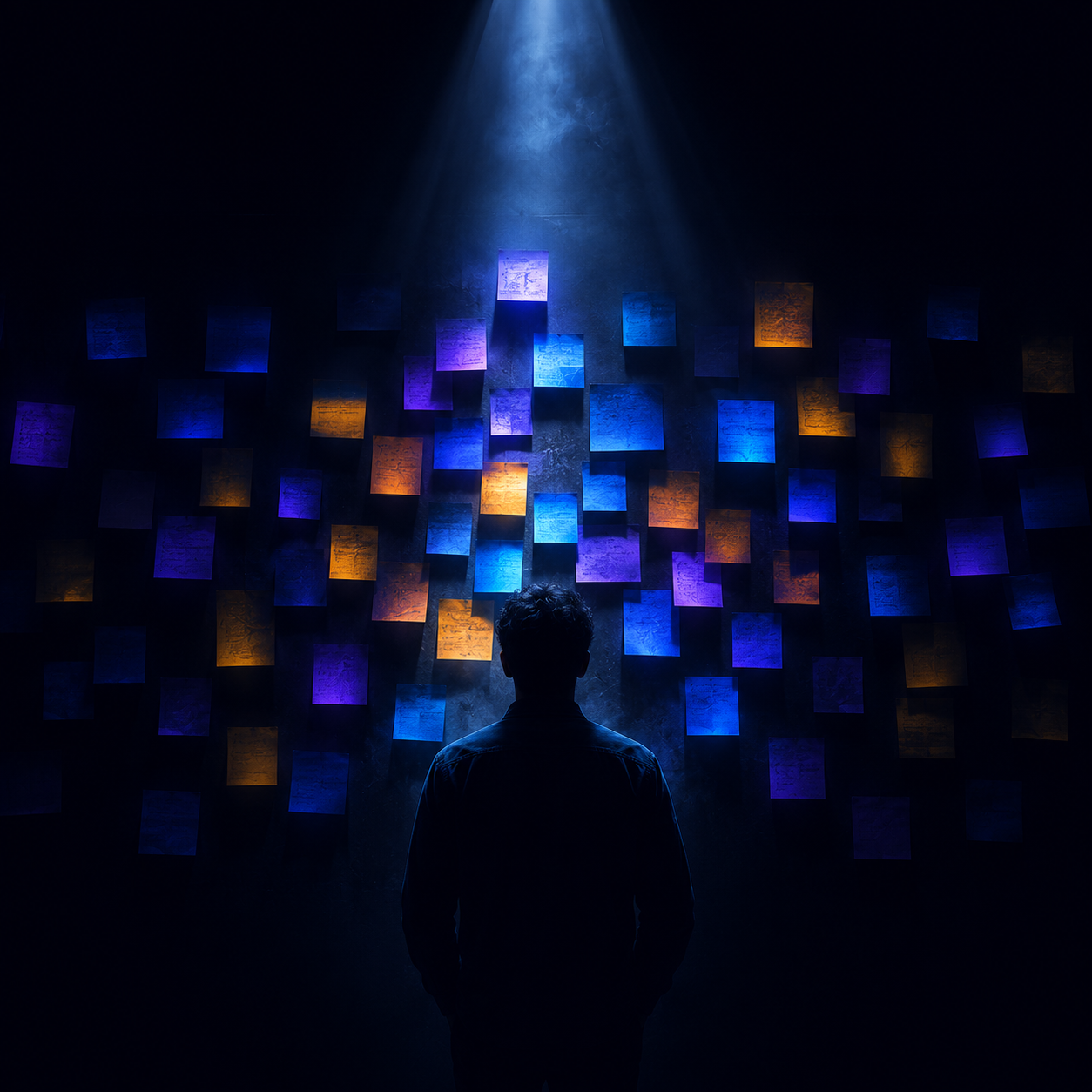 Prioritization workshop shown as spotlight on sticky notes wall in dark cinematic setting