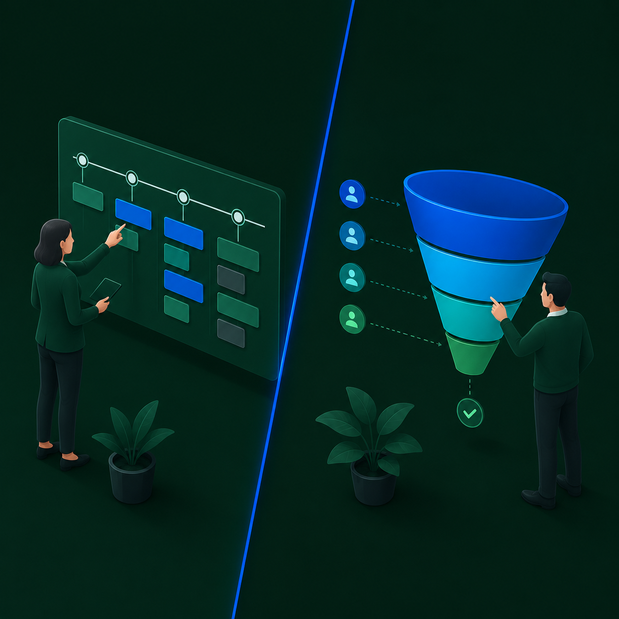 Flat 2.5D split illustration comparing product manager vs growth manager roles side by side