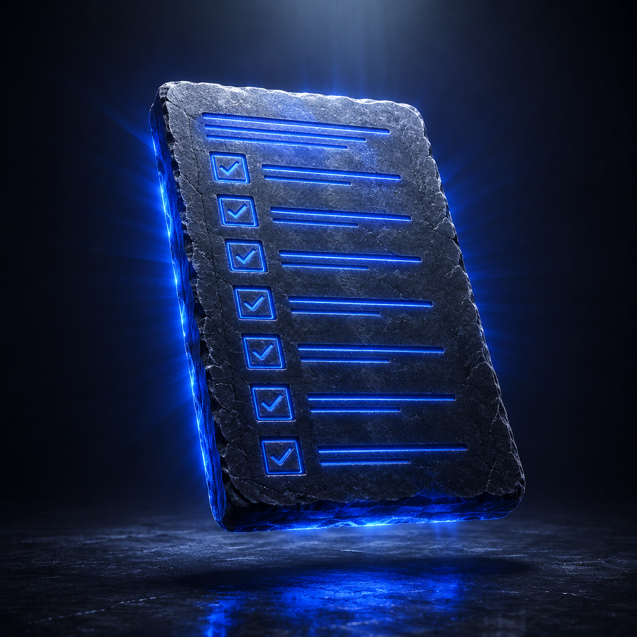 Realistic 3D render of a glowing product principles document used to guide team decision-making