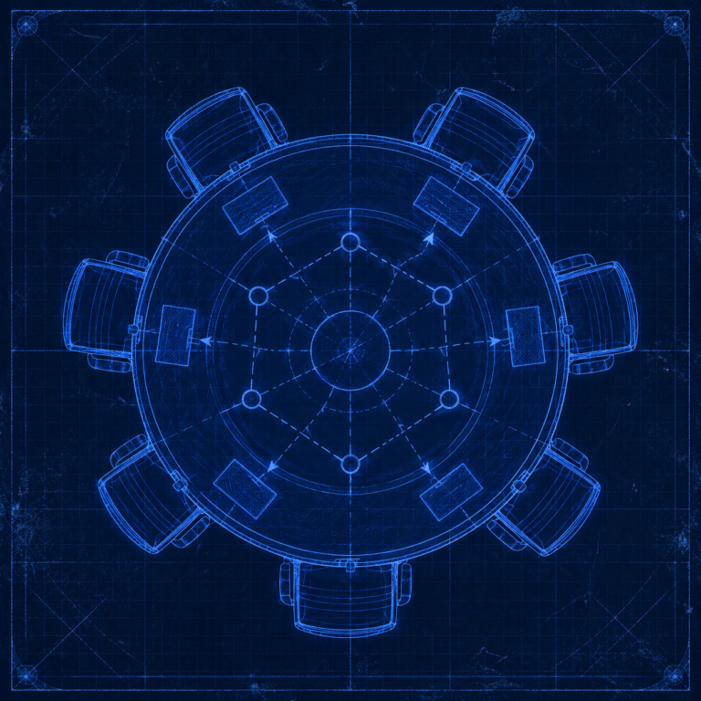Vintage blueprint illustration of a product review meeting agenda layout viewed from above