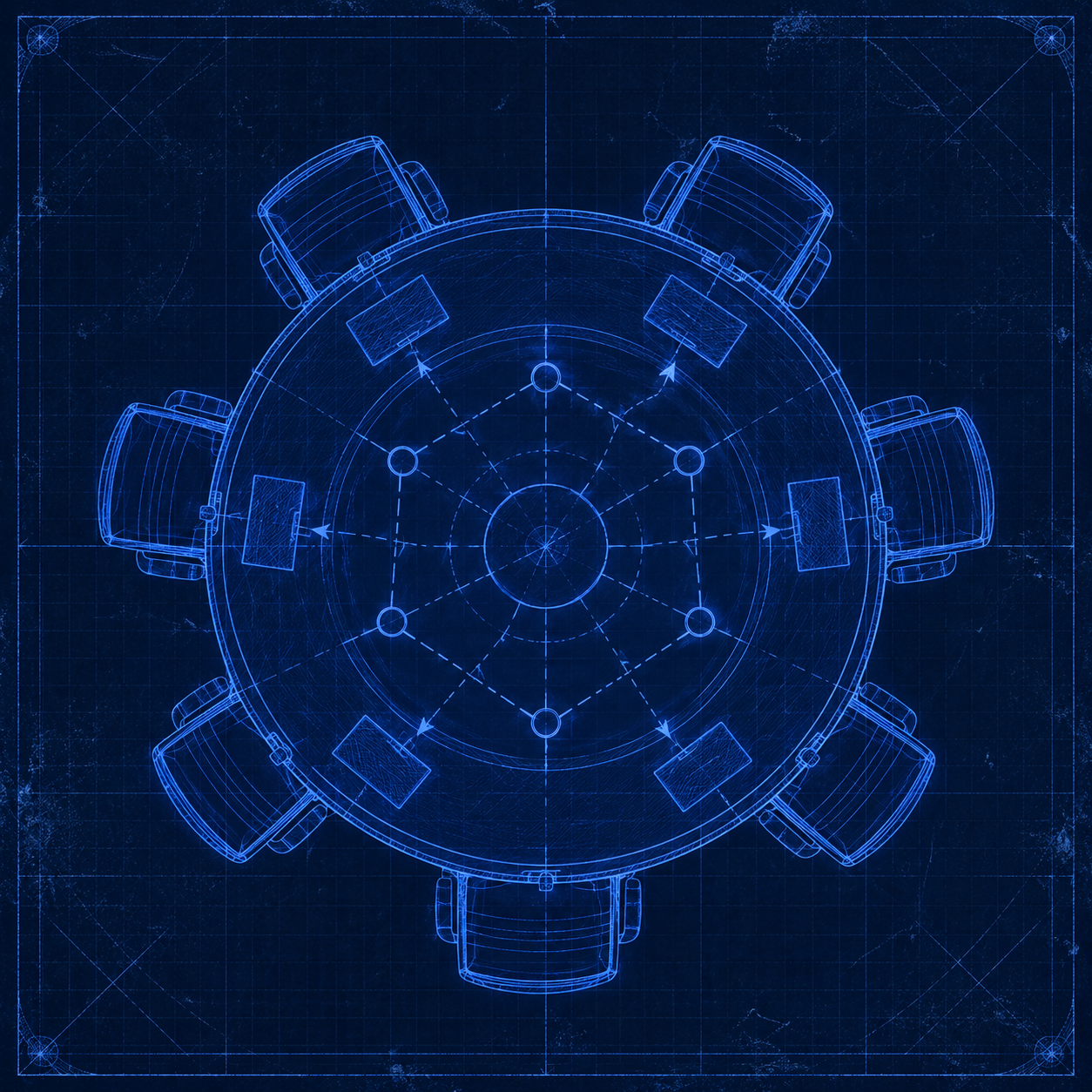 Vintage blueprint illustration of a product review meeting agenda layout viewed from above