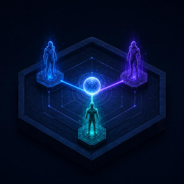 Product trio illustration showing product manager designer and engineer on isometric platform