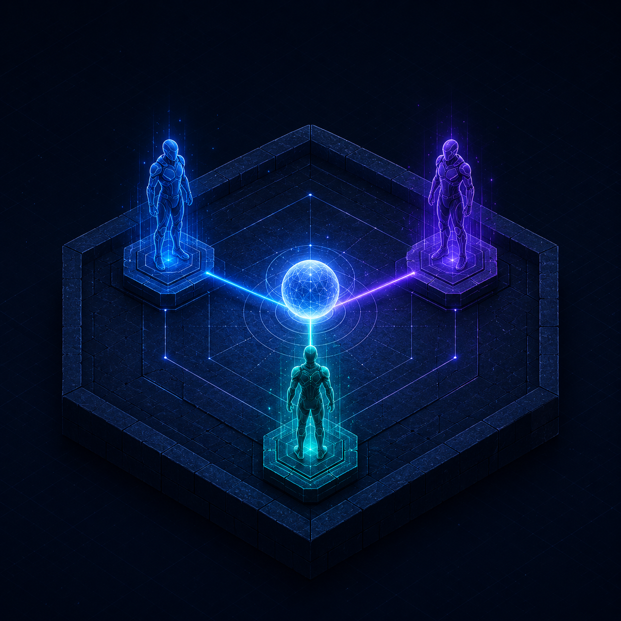 Product trio illustration showing product manager designer and engineer on isometric platform
