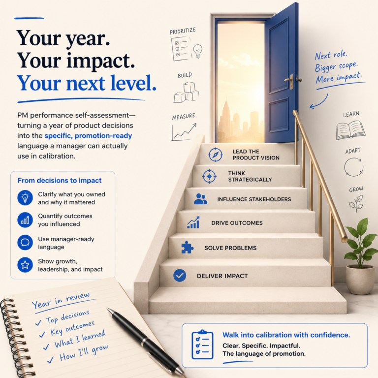 PM performance self-assessment — turning a year of product decisions into the specific, promotion-ready language a manager can actually use in calibration.