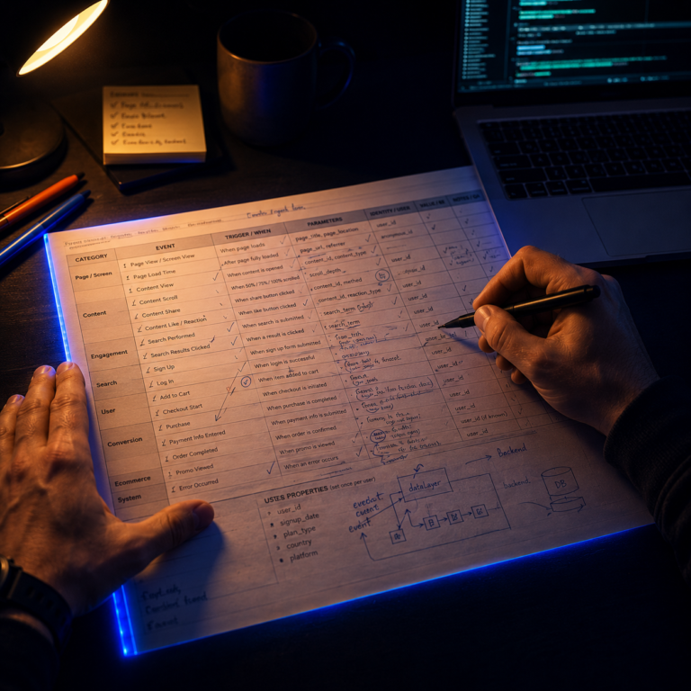 product analytics tracking plan being reviewed and annotated at a desk before a new feature ships