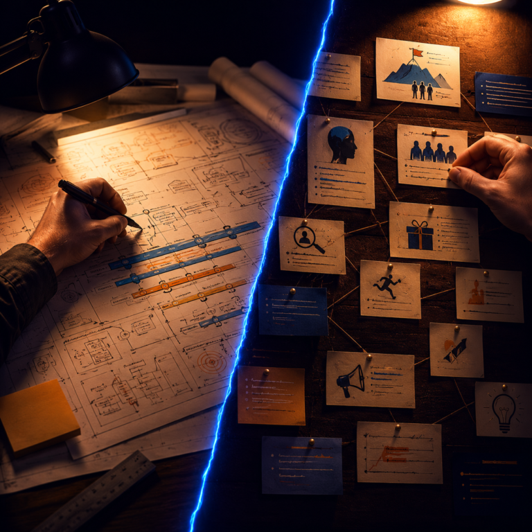 product manager vs product marketing manager shown as two hands working the same launch from opposite sides, one on the roadmap, one on the positioning board