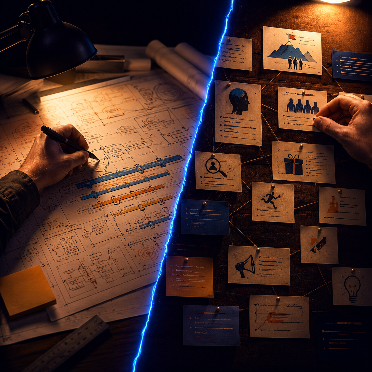 product manager vs product marketing manager shown as two hands working the same launch from opposite sides, one on the roadmap, one on the positioning board