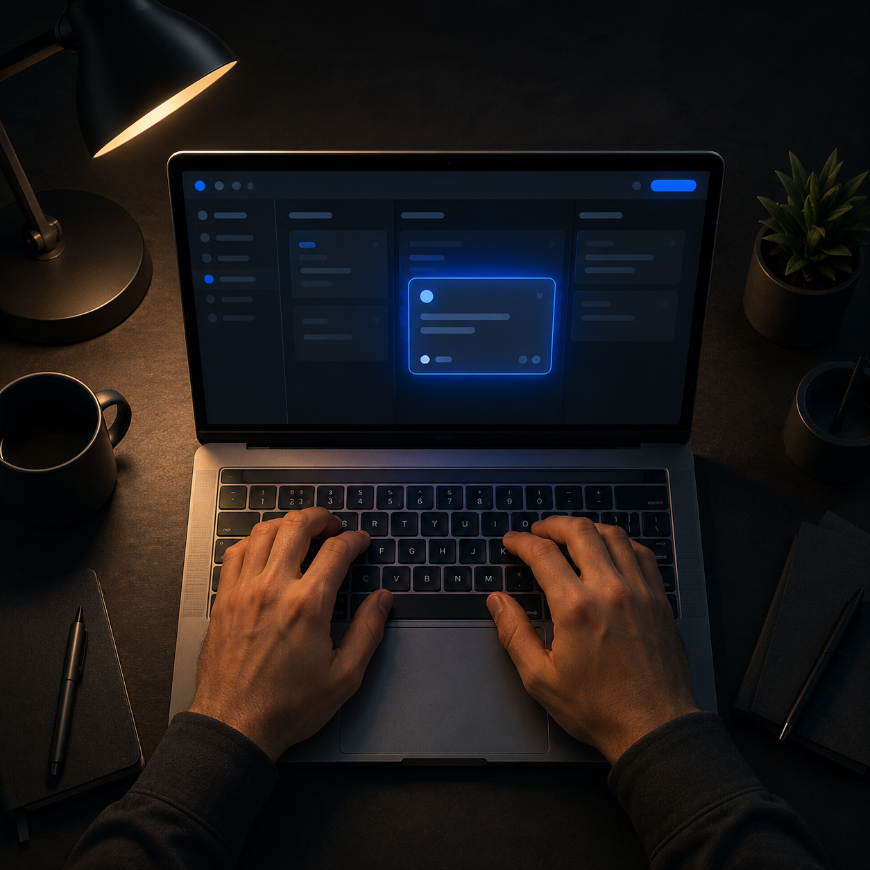 product manager typing into a user onboarding flow on a laptop at a dark desk